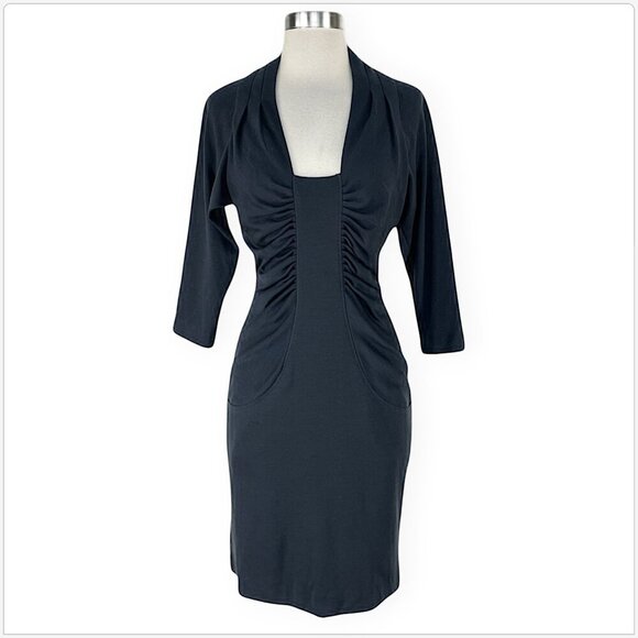 Catherine Malandrino Charcoal Stretch Wool Knit Ruched Sweater Bodycon Dress S - Picture 1 of 4